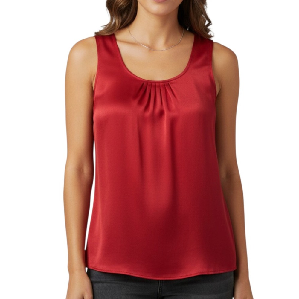 CHICO'S Dark Ruby Red Satin PLEATED NECKLINE TANK TOP Blouse w/Side Slits 3/XL